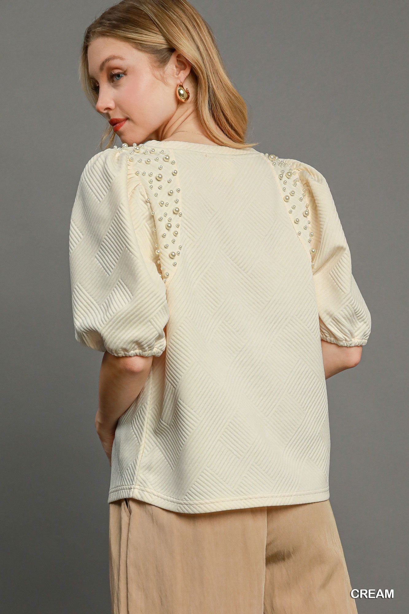 Pearl Puff Sleeve Jacquard Top By Umgee
