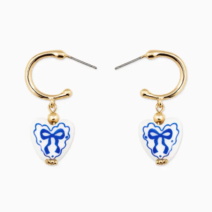 Ceramic Heart Bow Graphic Drop Hoop Earrings