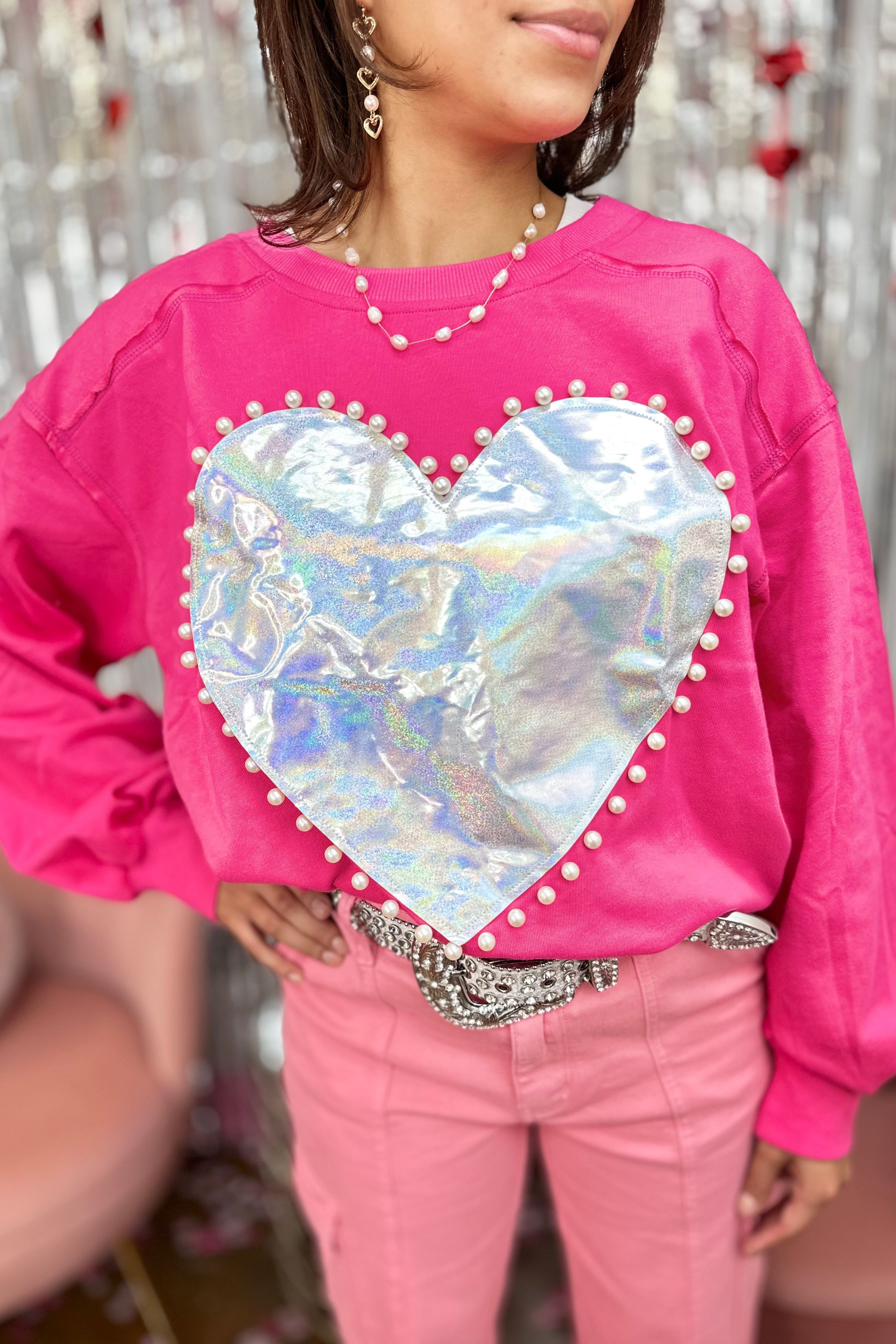 Pearl Edged Metallic Heart Pullover