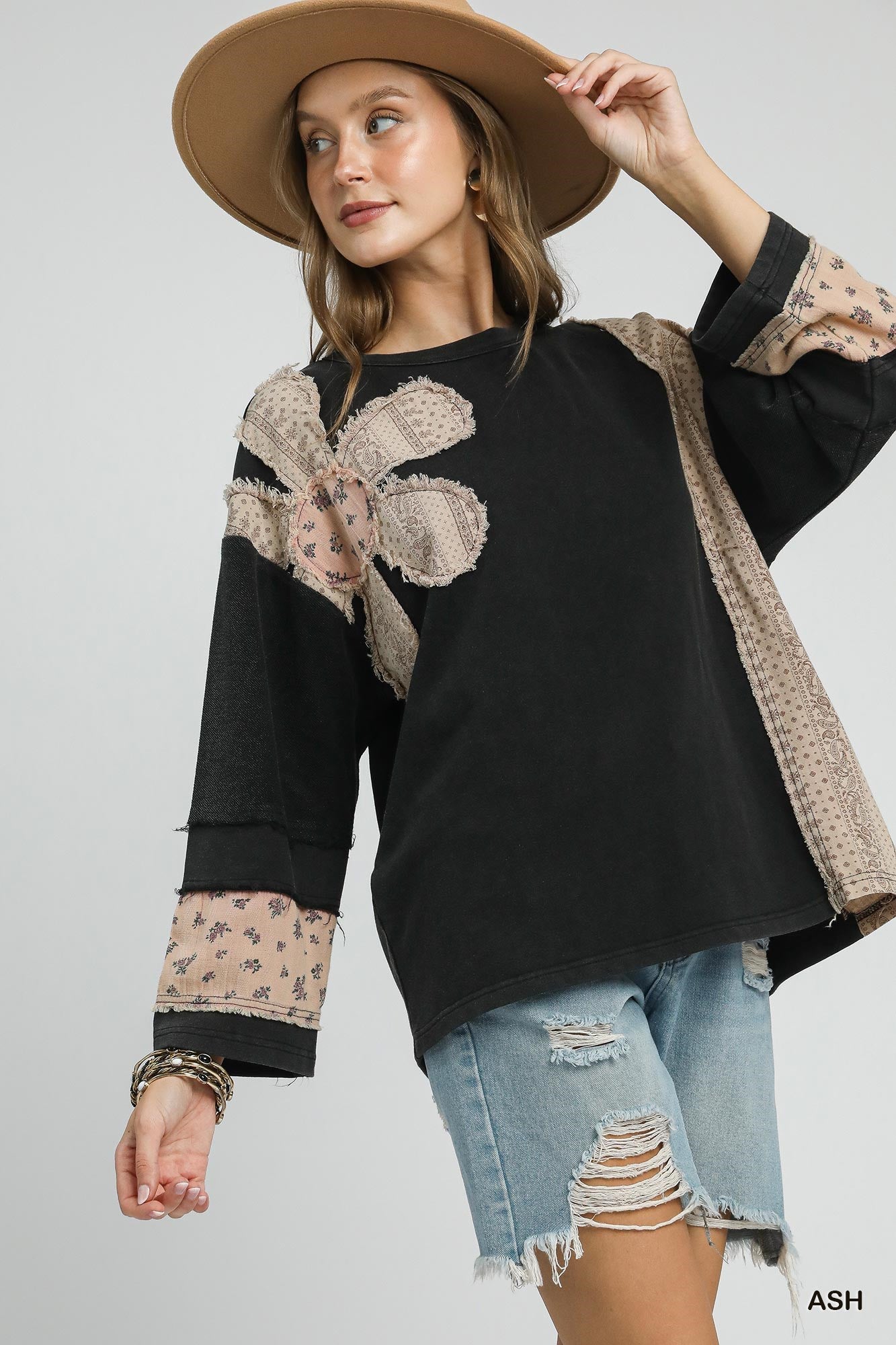 Plus Size French Terry Patchwork Sleeve Pullover