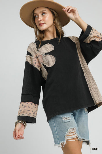 Plus Size French Terry Patchwork Sleeve Pullover