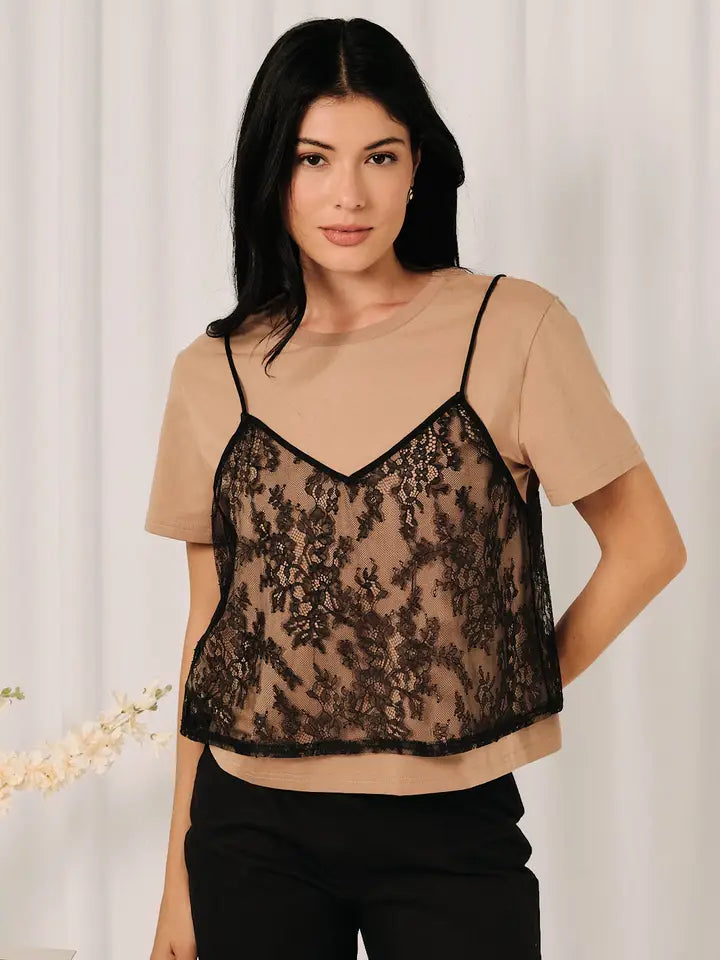 Women’s taupe short sleeve T-shirt with black sheer floral lace camisole overlay, spaghetti straps, V-neckline, and relaxed fit.