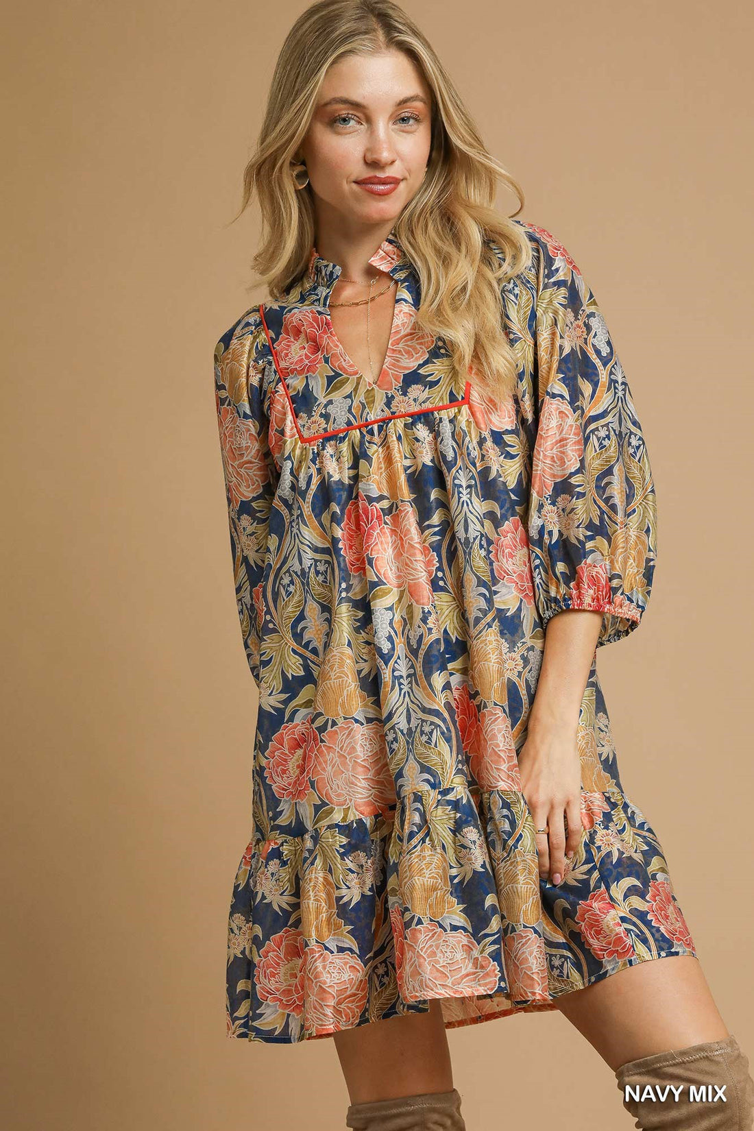 Abstract Print Puff Sleeve Mini Dress By Umgee