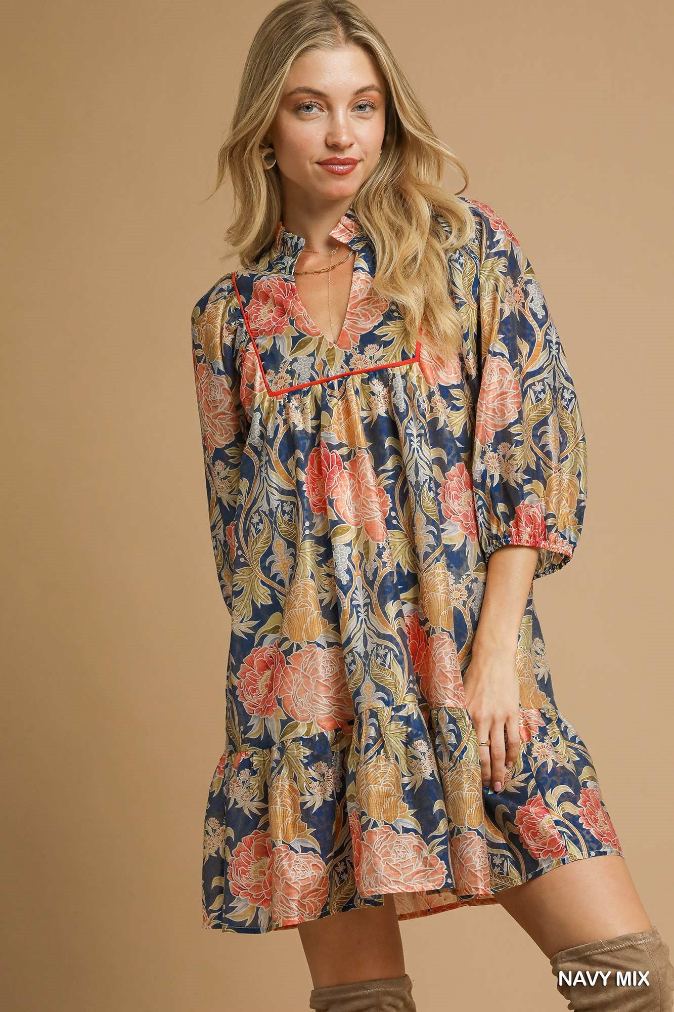 Abstract Print Puff Sleeve Mini Dress By Umgee