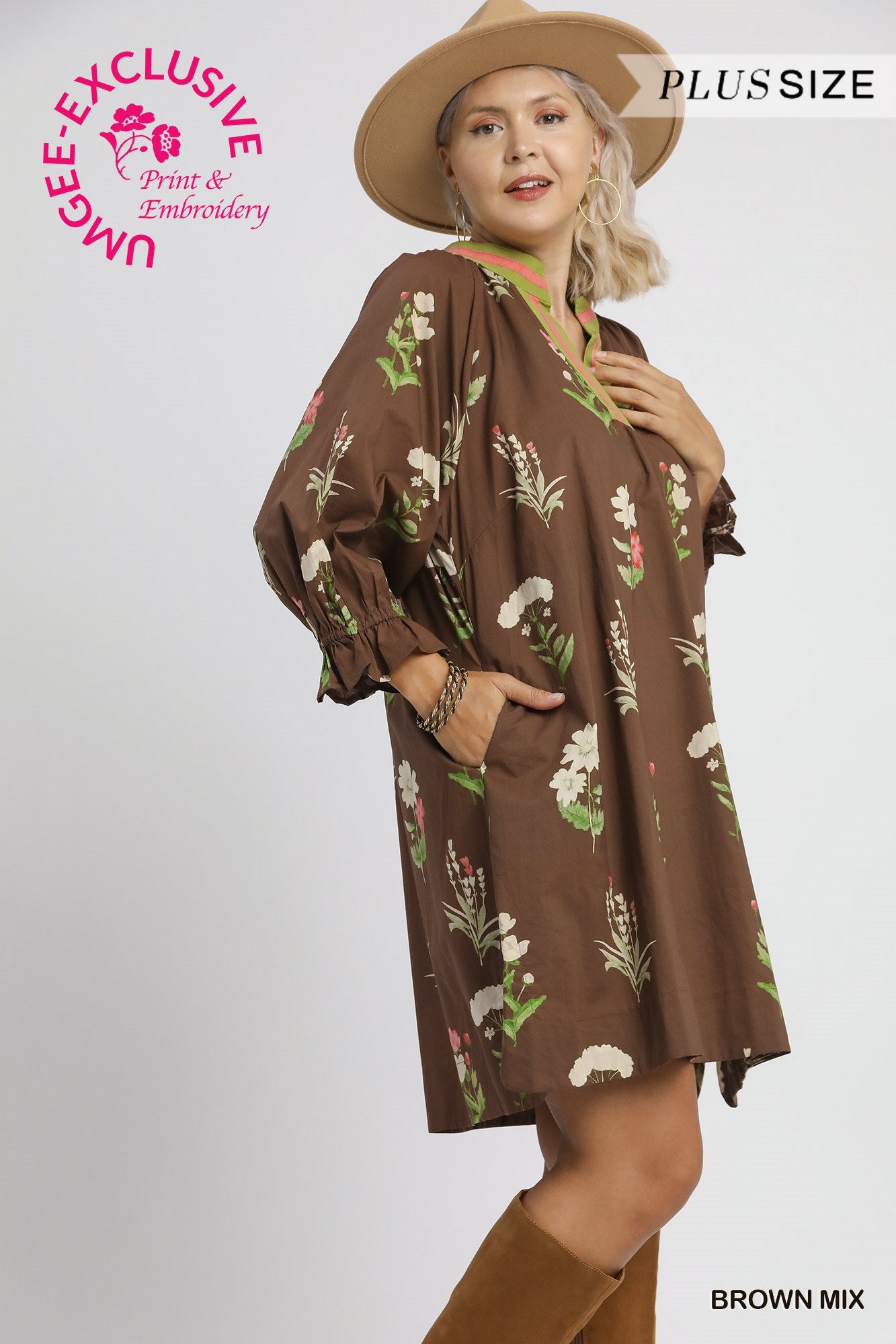 Plus Size Floral Tunic Dress with Contrast Trim By Umgee