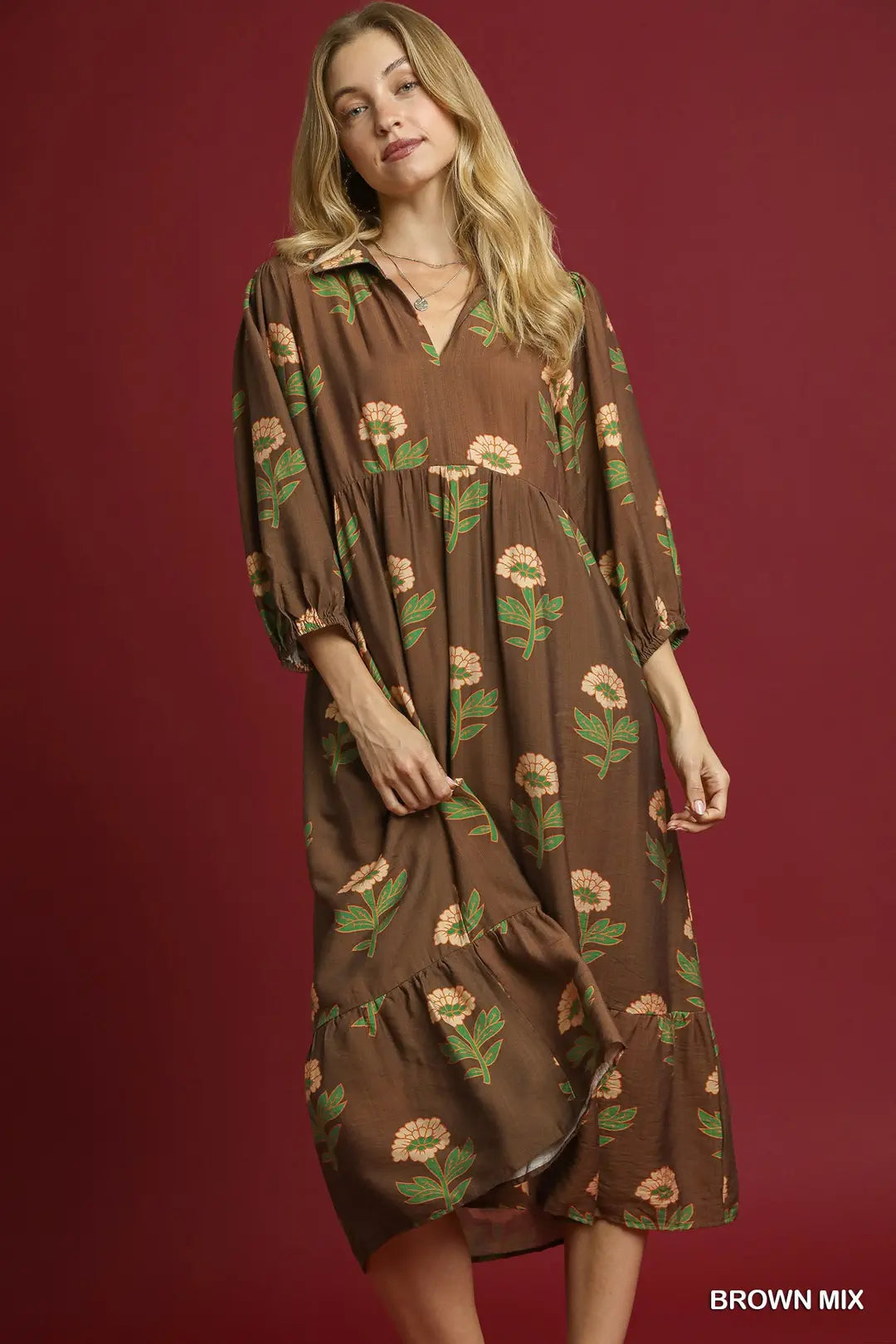 Brown Floral Print Maxi Dress with Bubble Sleeves By Umgee