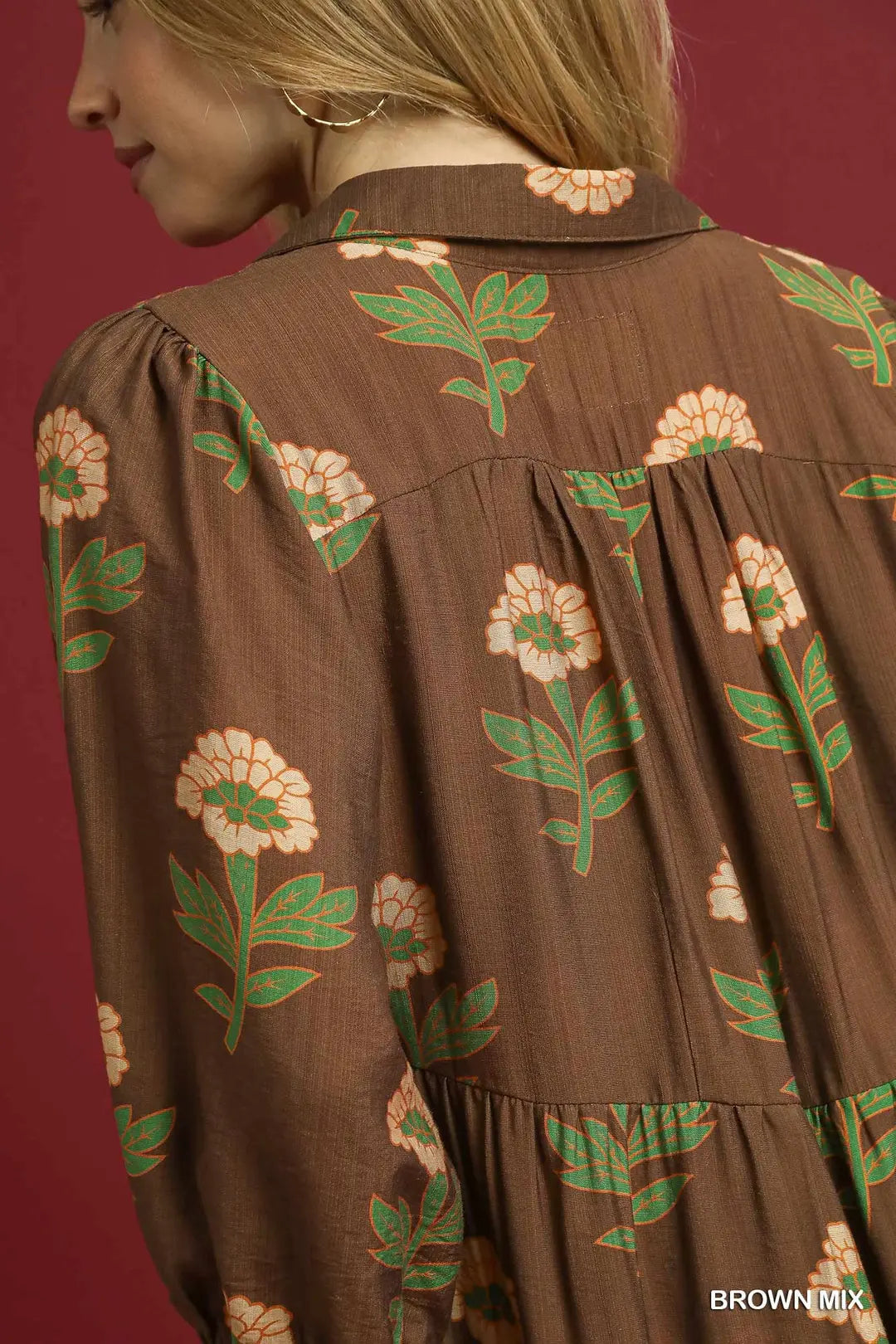 Brown Floral Print Maxi Dress with Bubble Sleeves By Umgee