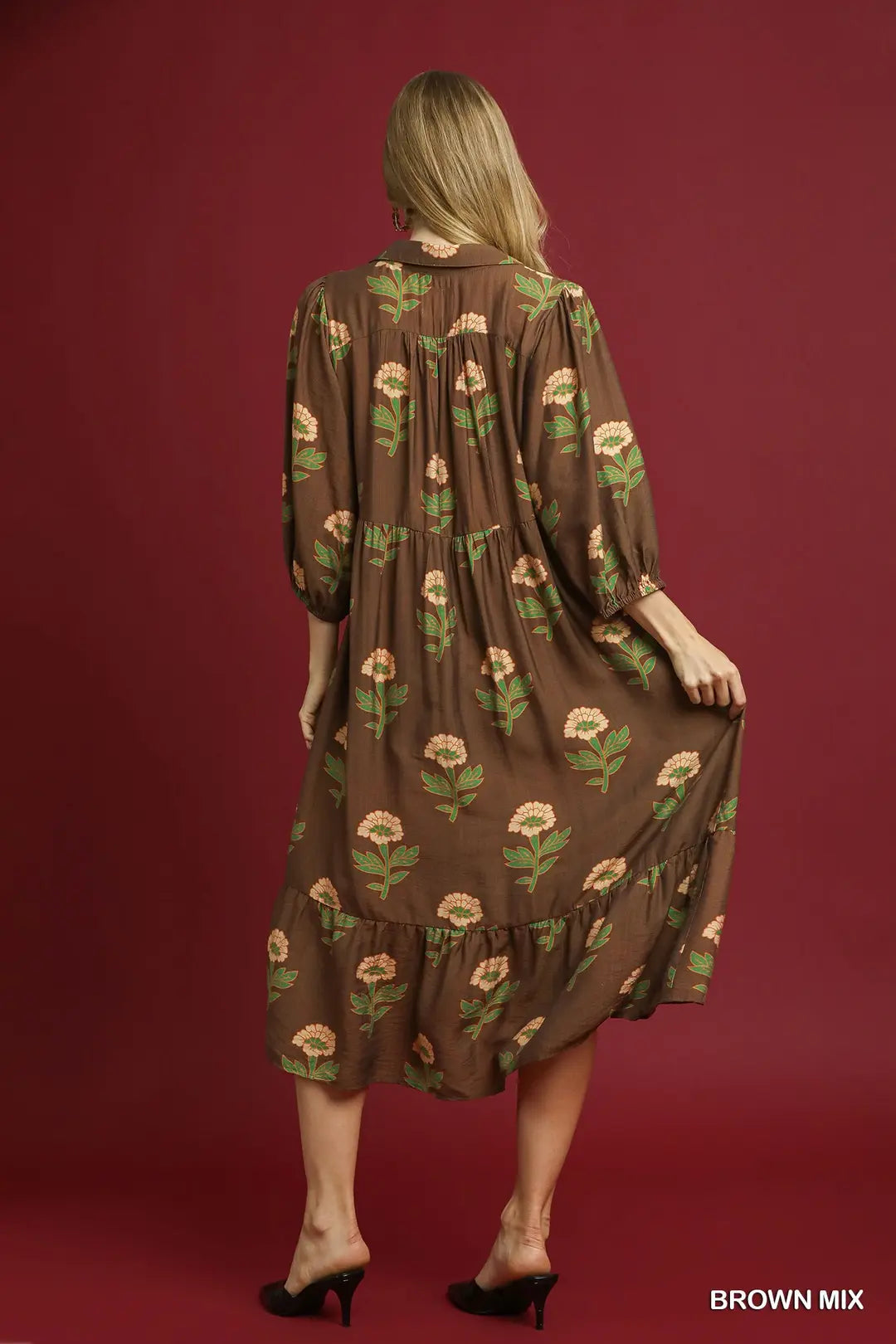 Brown Floral Print Maxi Dress with Bubble Sleeves By Umgee