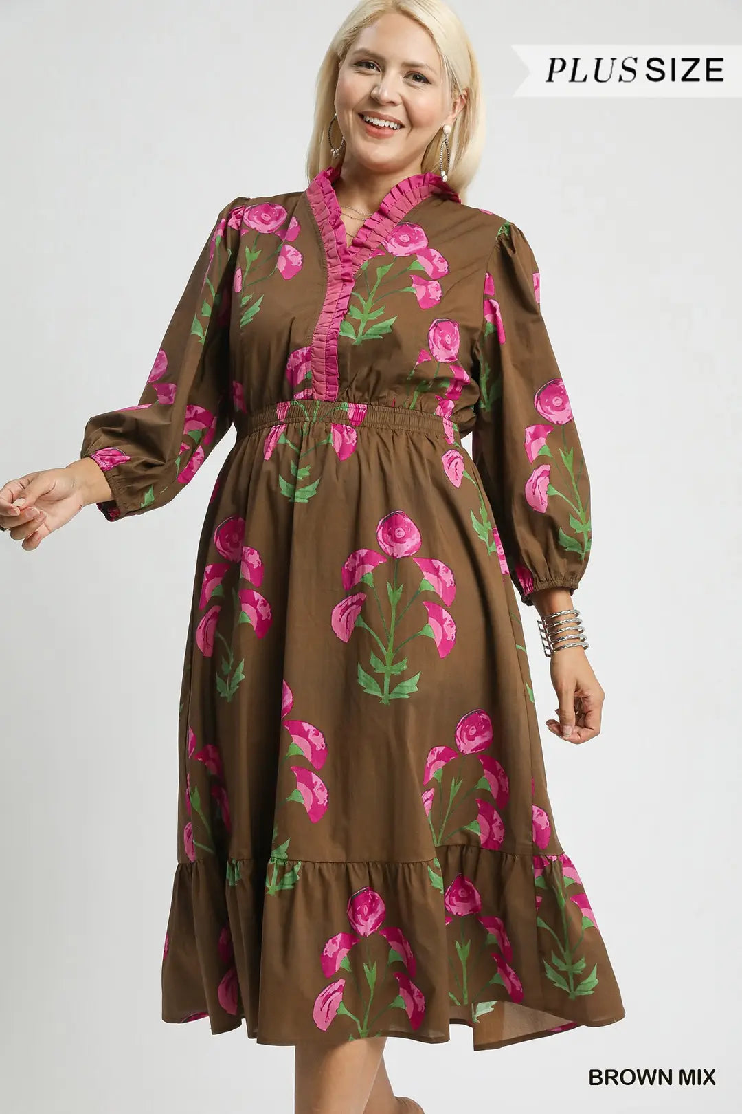 Plus Size Floral Midi Dress with Ruffle Trim and Elastic Waist By Umgee
