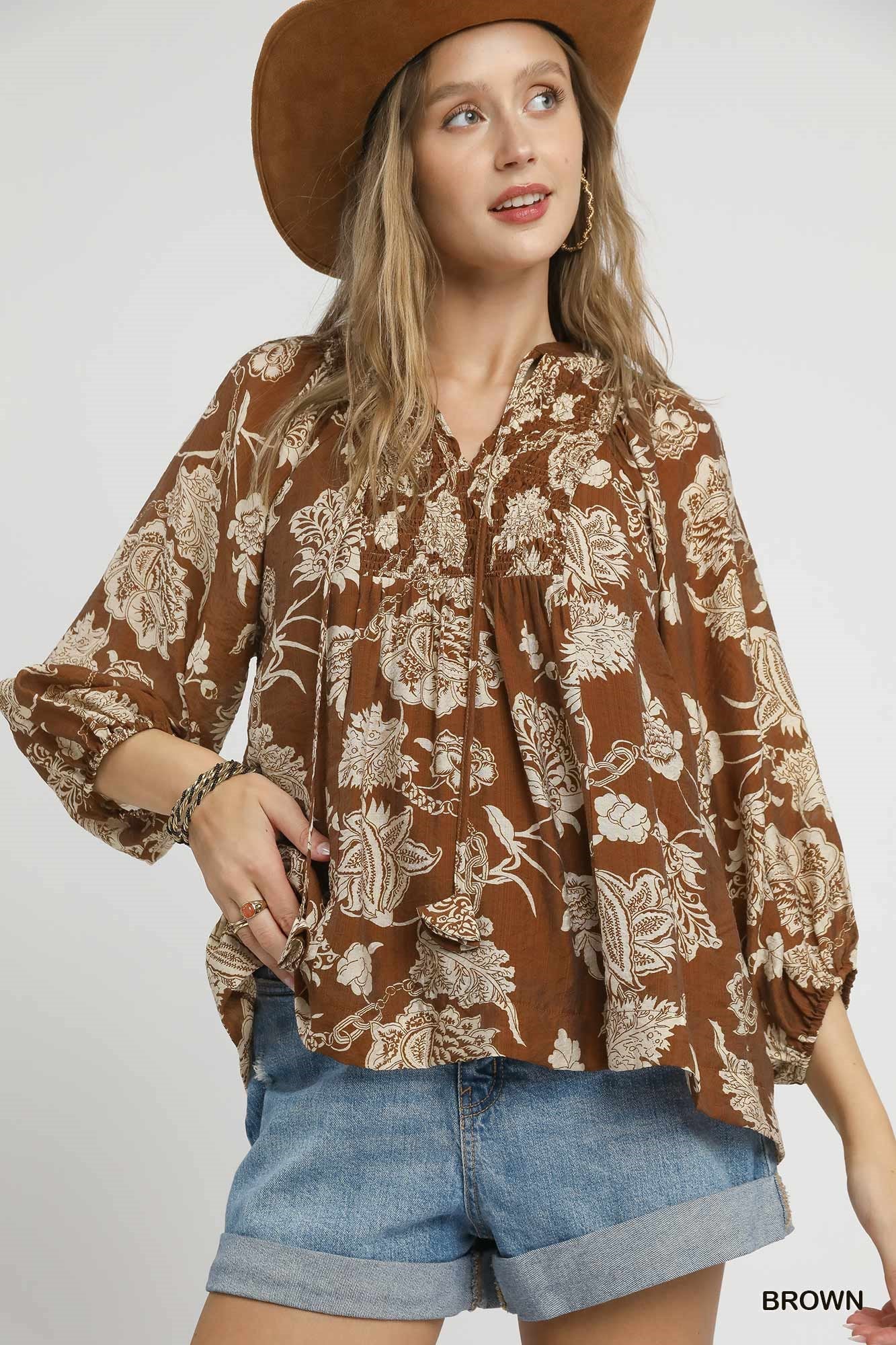 DG Two Tone Floral Print Boho Blouse By Umgee