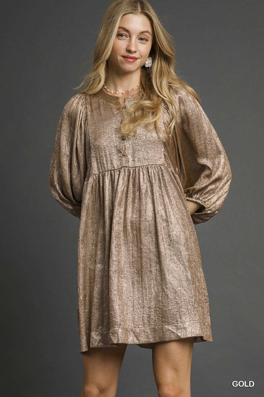 Metallic Babydoll Mini Dress By Umgee