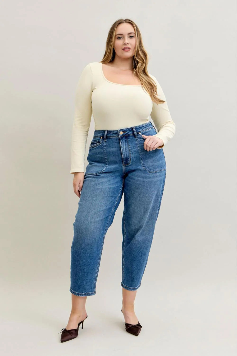 Full Run Judy Blue High Waist Soft Barrel Stitch Thru Pocket Denim Jeans 881012