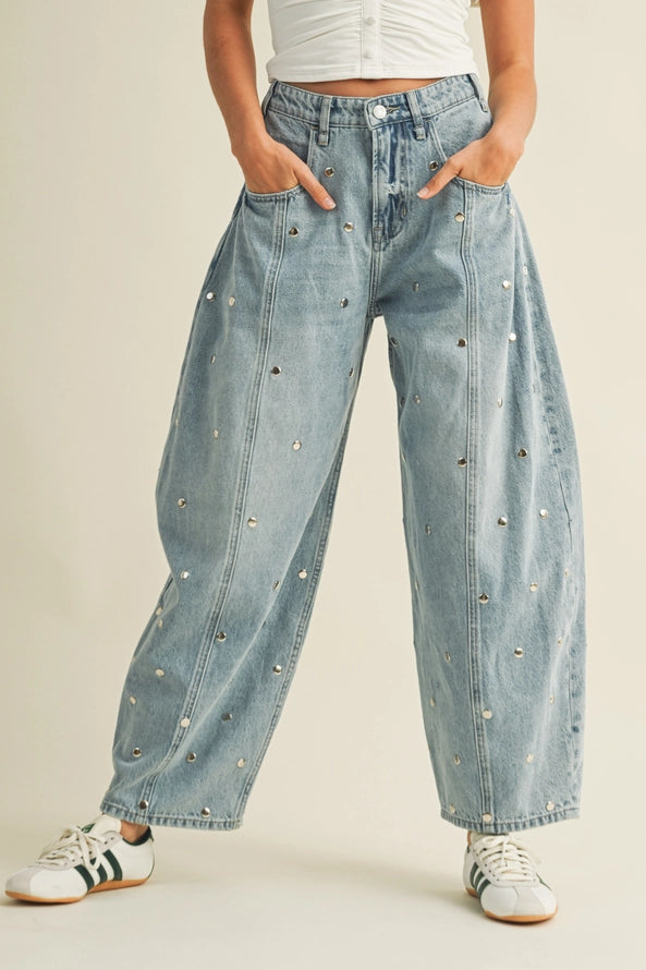Shine On Studded Barrel Jeans By Klesis