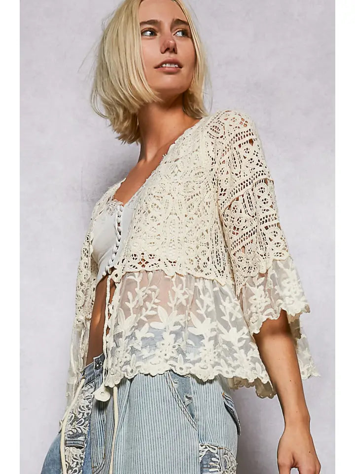 V-Neck Short Sleeve Crochet Floral Lace Cardigan By Pol