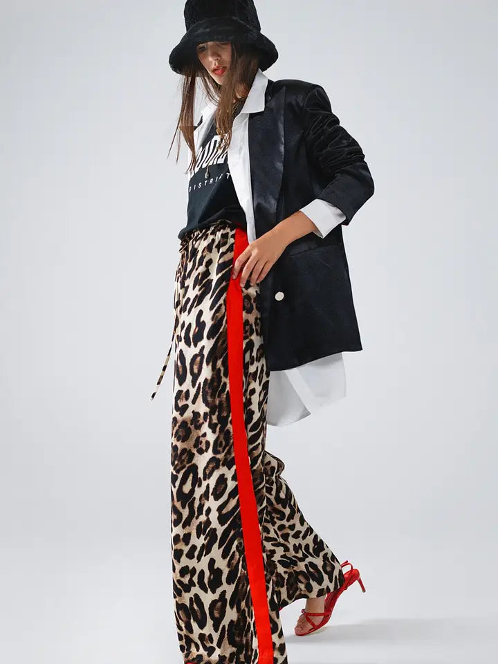 Leopard Straight Pants with Red Stripes Down the Sides