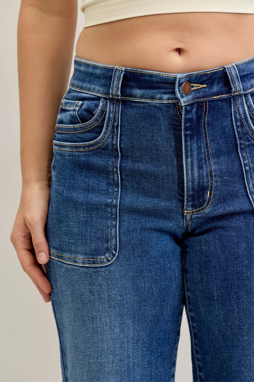 Judy Blue Mid Rise 90's Front Patch Double Pocket Straight Denim Jeans 82680