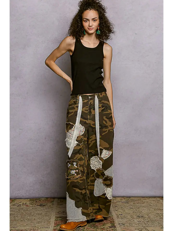 Floral Patches Butterfly Patchwork Camo Pants By Pol