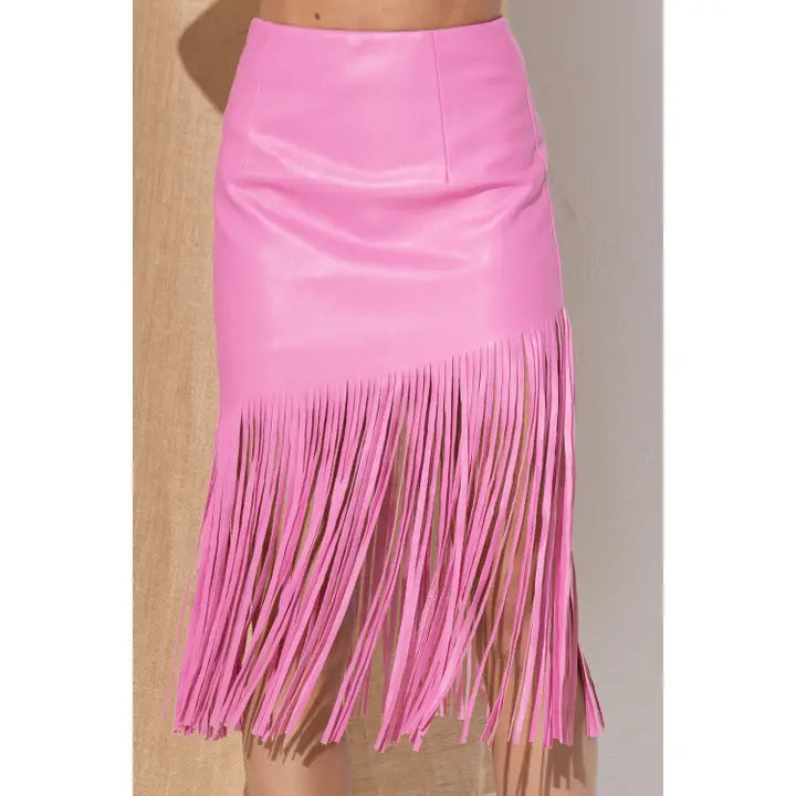 Faux Leather Fringe Knee Length Skirt