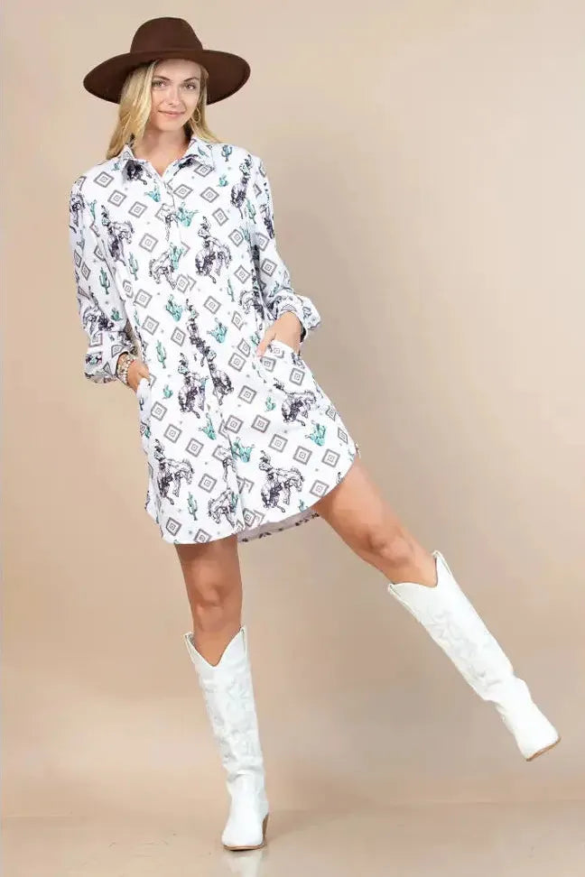 Cowboy Rodeo Cactus Print Button Down Shirt
