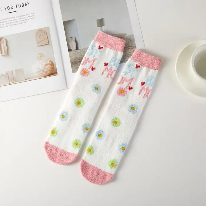 Love Mom Theme Cute Graphic Fuzzy Socks Gift Box (3 Pairs)
