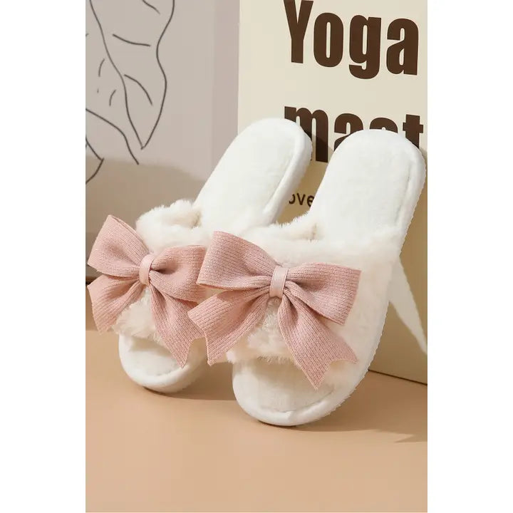 Bow Knot Decor Open Toe Plush Slippers