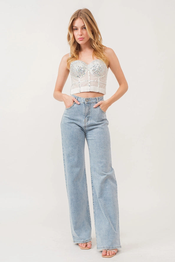 Rhinestone Hotfix Stretch Denim Pants