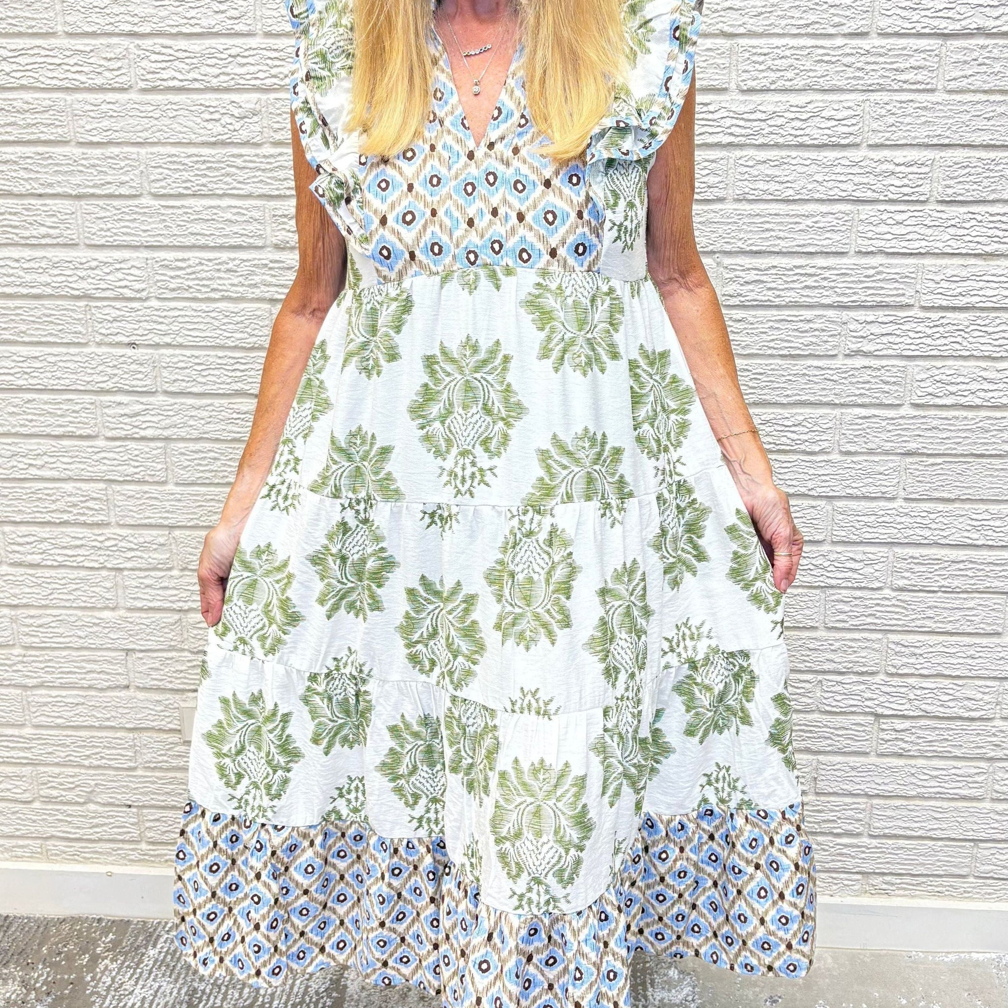 Ruffle Sleeve Olive Mixed Print Midi Dress By Umgee
