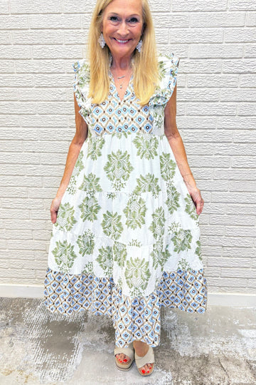 Ruffle Sleeve Olive Mixed Print Midi Dress By Umgee