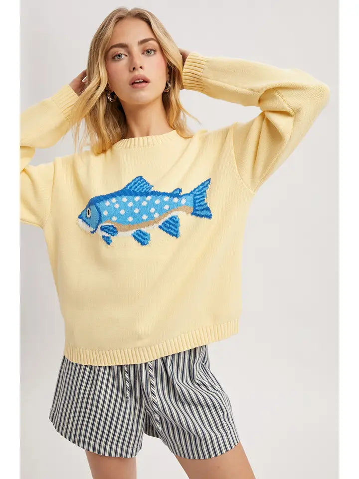 yellow fish graphic knit sweater relaxed fit coastal style lightweight pullover