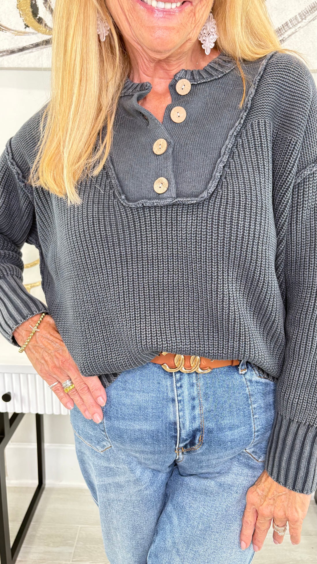 DG Half Button Front Long Sleeve Knit Pullover By Eesome