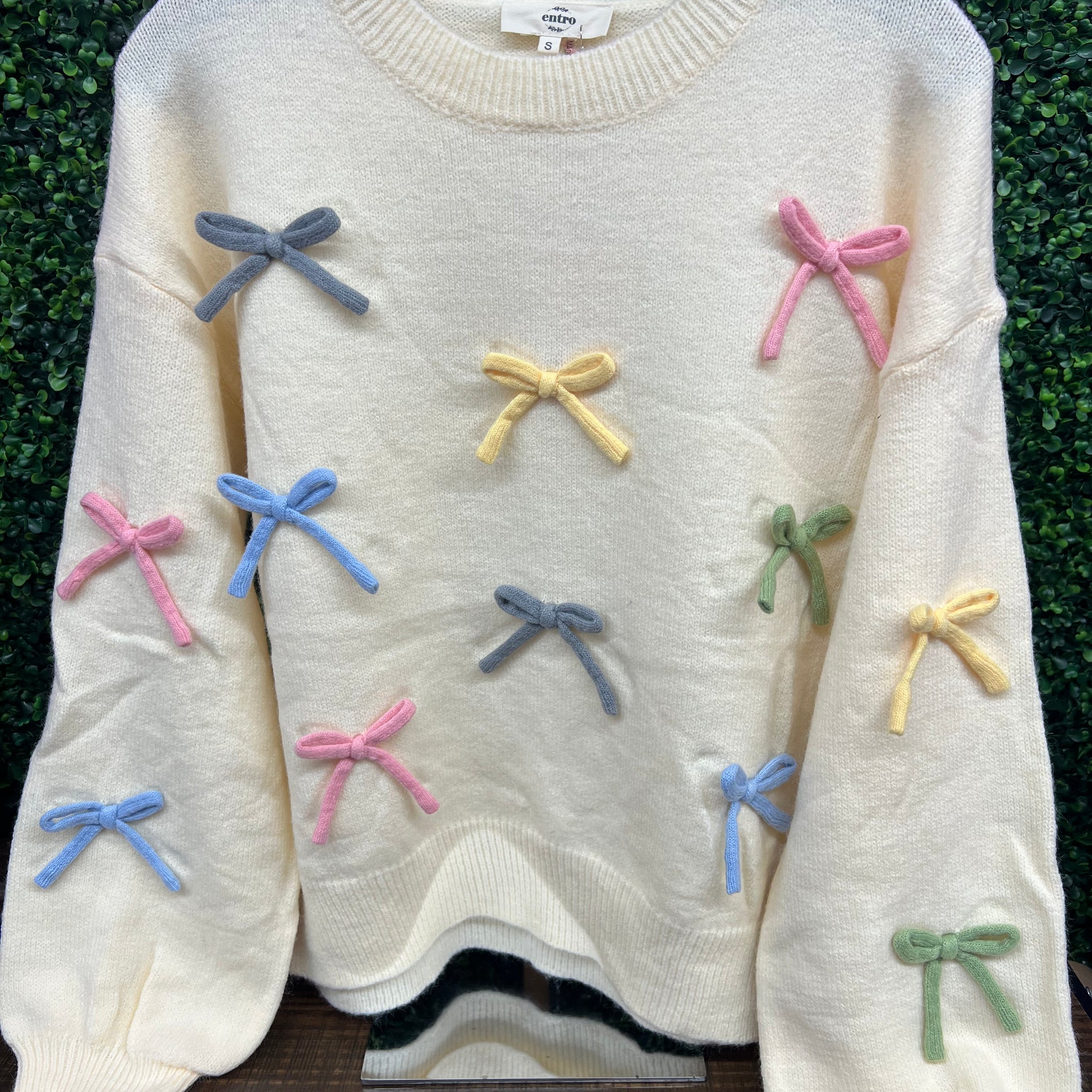 Ivory Cozy Sweater With 3D Multicolor Ribbons