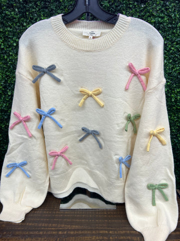 Ivory Cozy Sweater With 3D Multicolor Ribbons