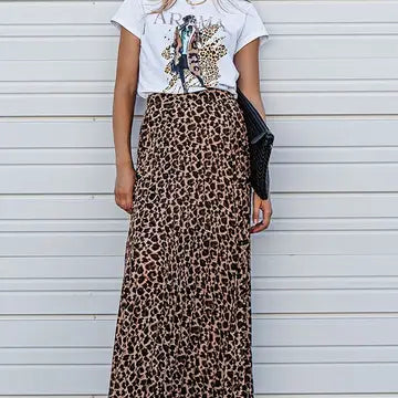 Leopard Animal Print Pleated Midi Skirt