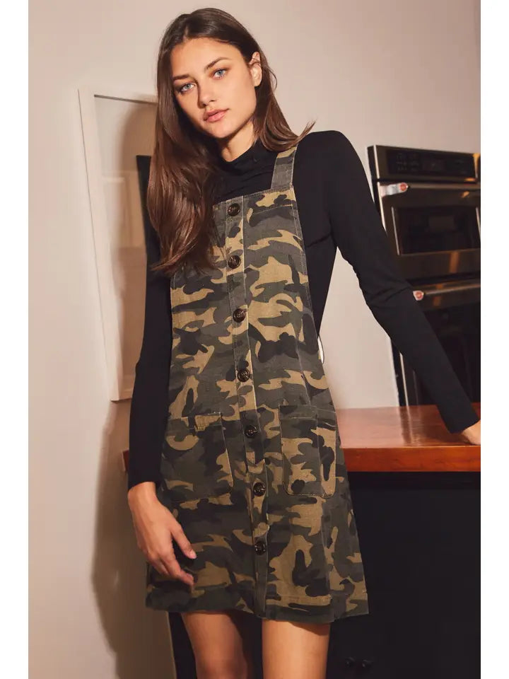 Button-Front Camo Overall Dress By Oddi