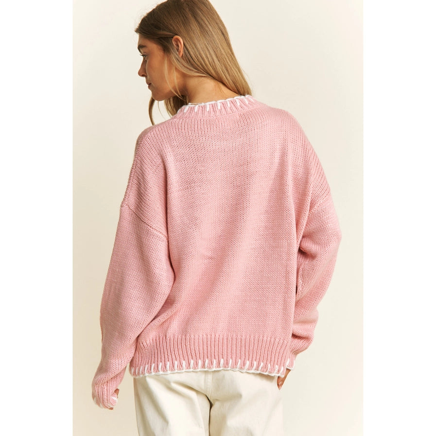 Coquette Holiday Big Bow Sweater Pullover with Contrast Edge Stitches