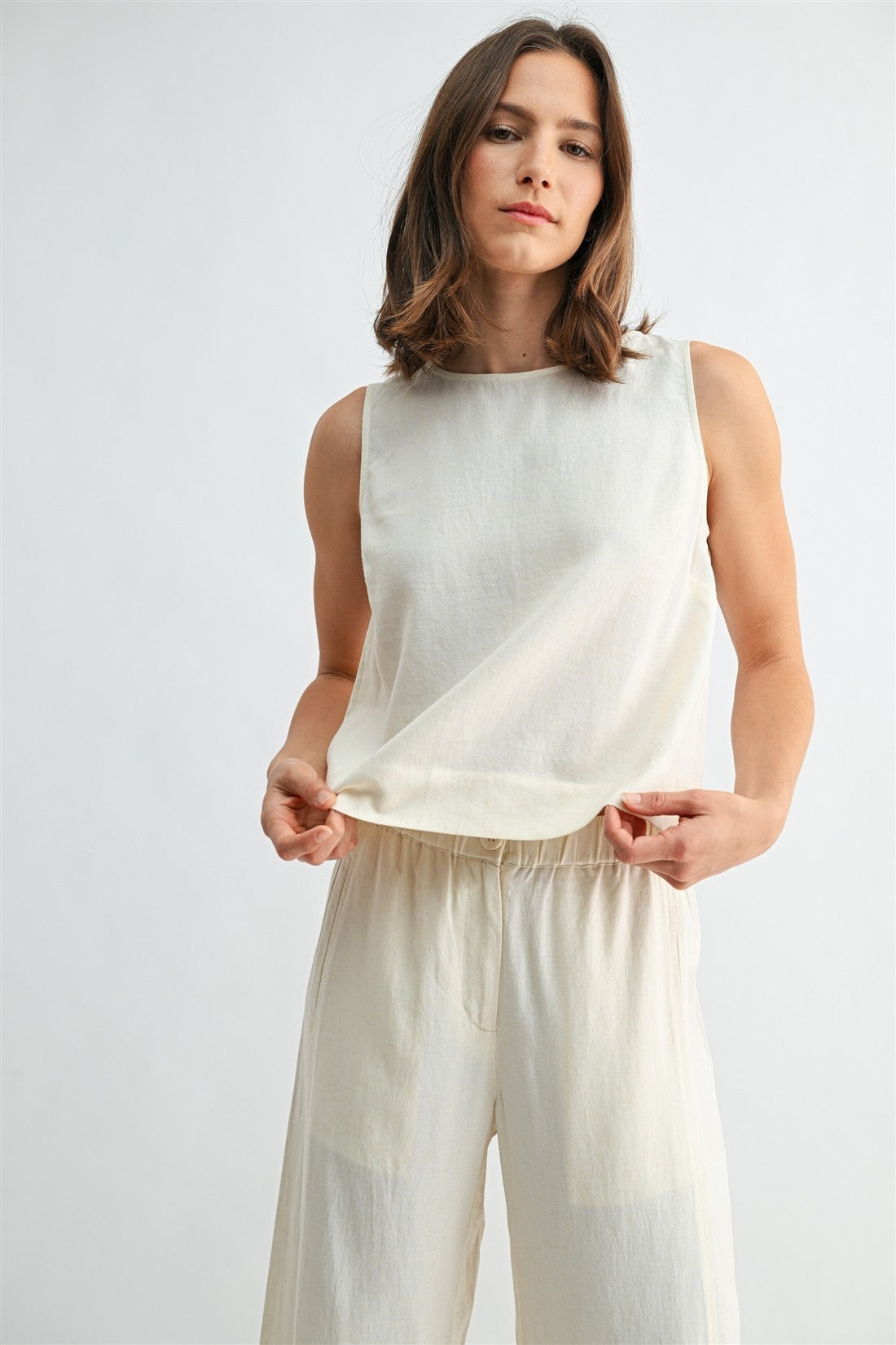 Beige linen sleeveless top front view
