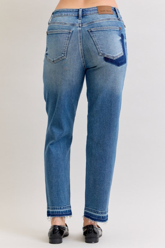Judy Blue Mid Rise Boyfriend Patch & Repair Destroy Release Hem 881045