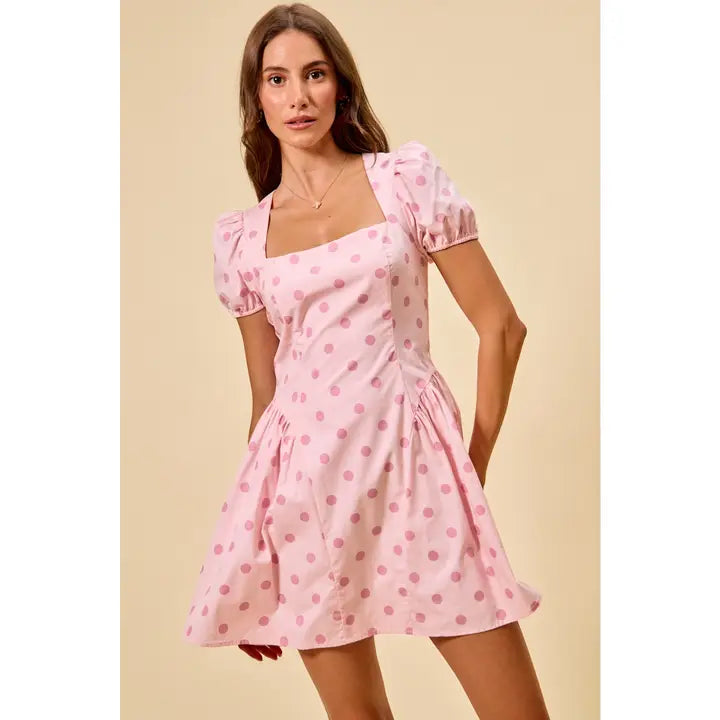 Pink Sugar Polka Dot Mini Dress by So Me featuring puff short sleeves, square neckline, and a fit-and-flare silhouette in soft pink with darker pink polka dots.