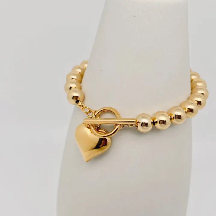 Heart Charm 18K Gold Plated 8mm Beads Chain Bracelet