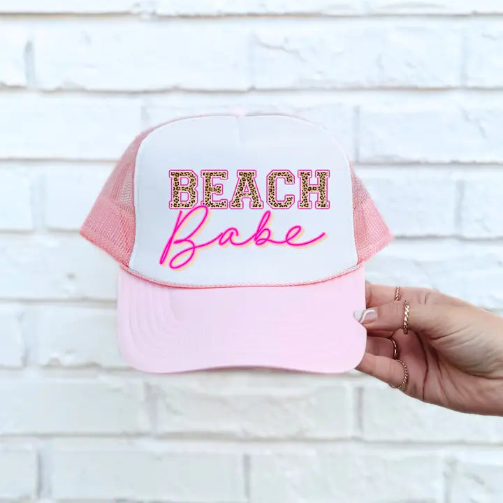 Leopard Beach Babe Dtf Printed Pink & White Trucker Hat