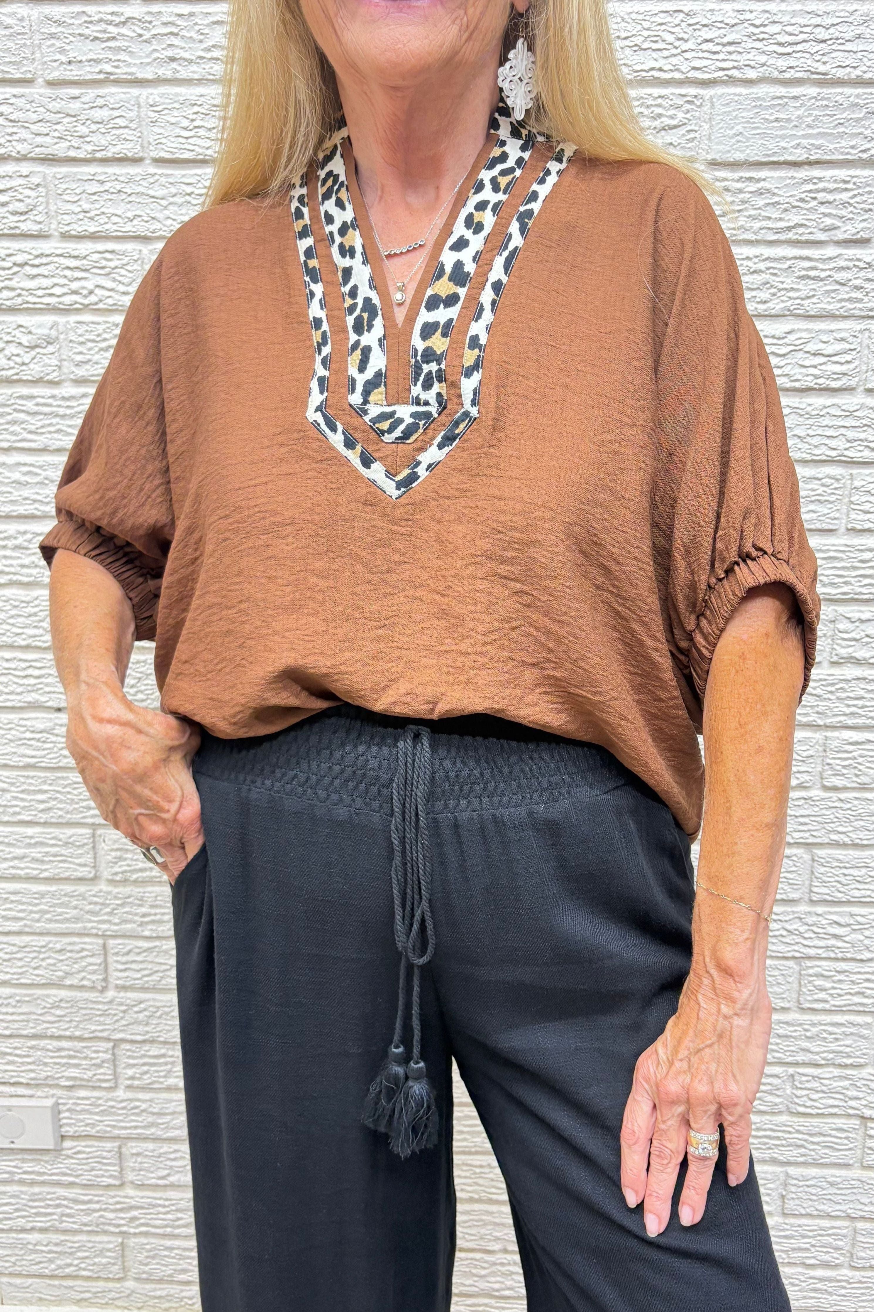 Leopard Caftan Neckline Dolman Top By Entro