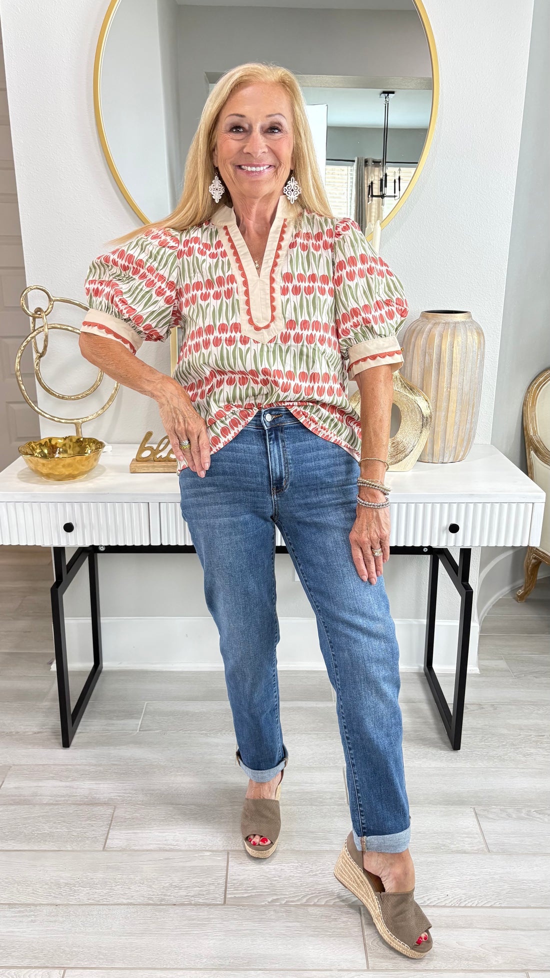 Floral Caftan Neck Scallop Trim Top By Entro