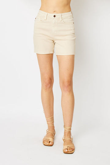 Judy Blue High Waist Garment Dyed Bone Embroidered Denim Shorts 150249