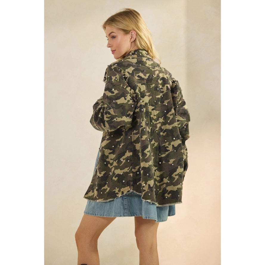 Printed Rhinestone Denim Jacket By Veveret