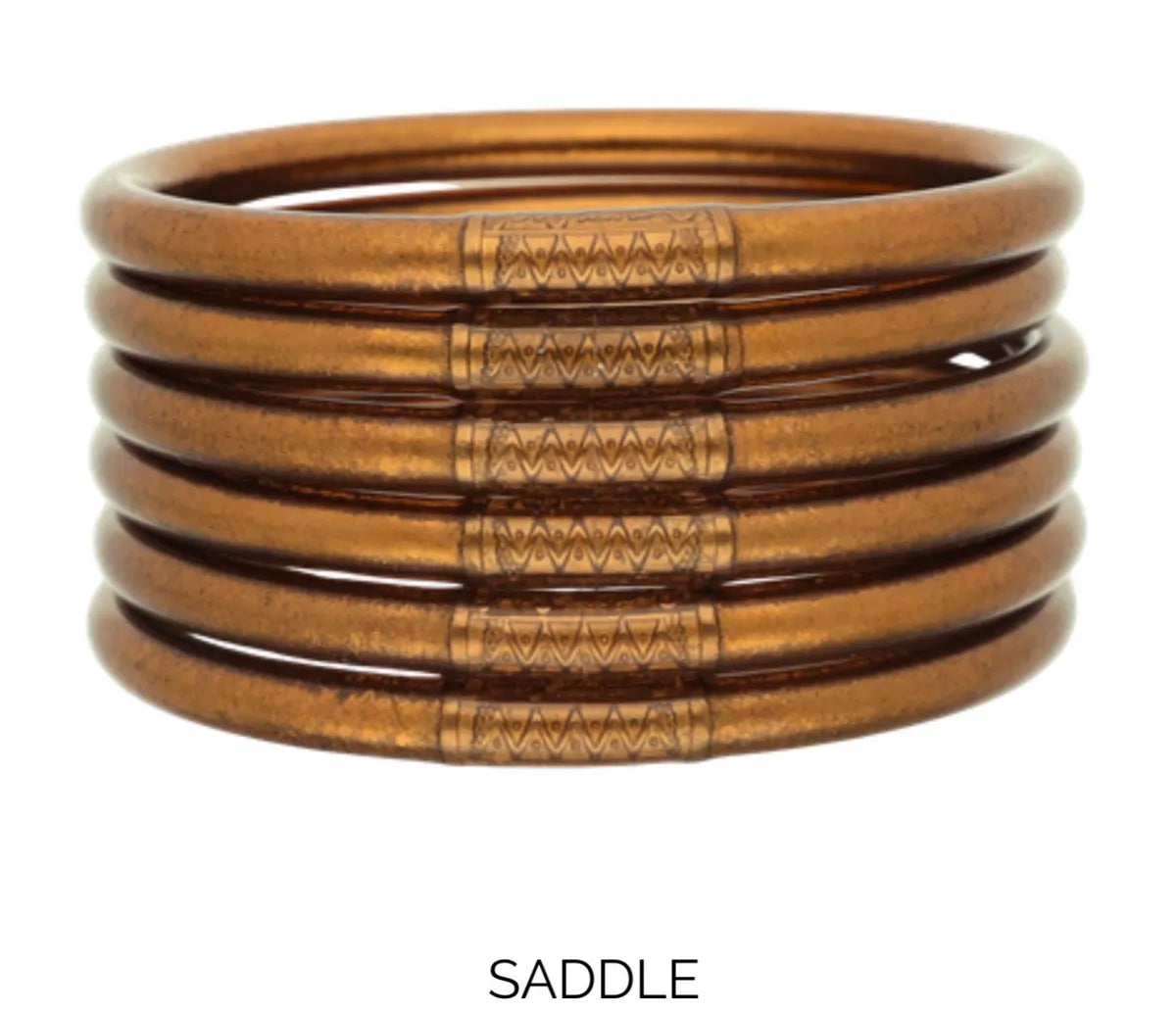 Set of six lightweight, flexible all-weather bangles in rich saddle-brown color with intricate gold geometric patterns, perfect for stacking and versatile styling.
