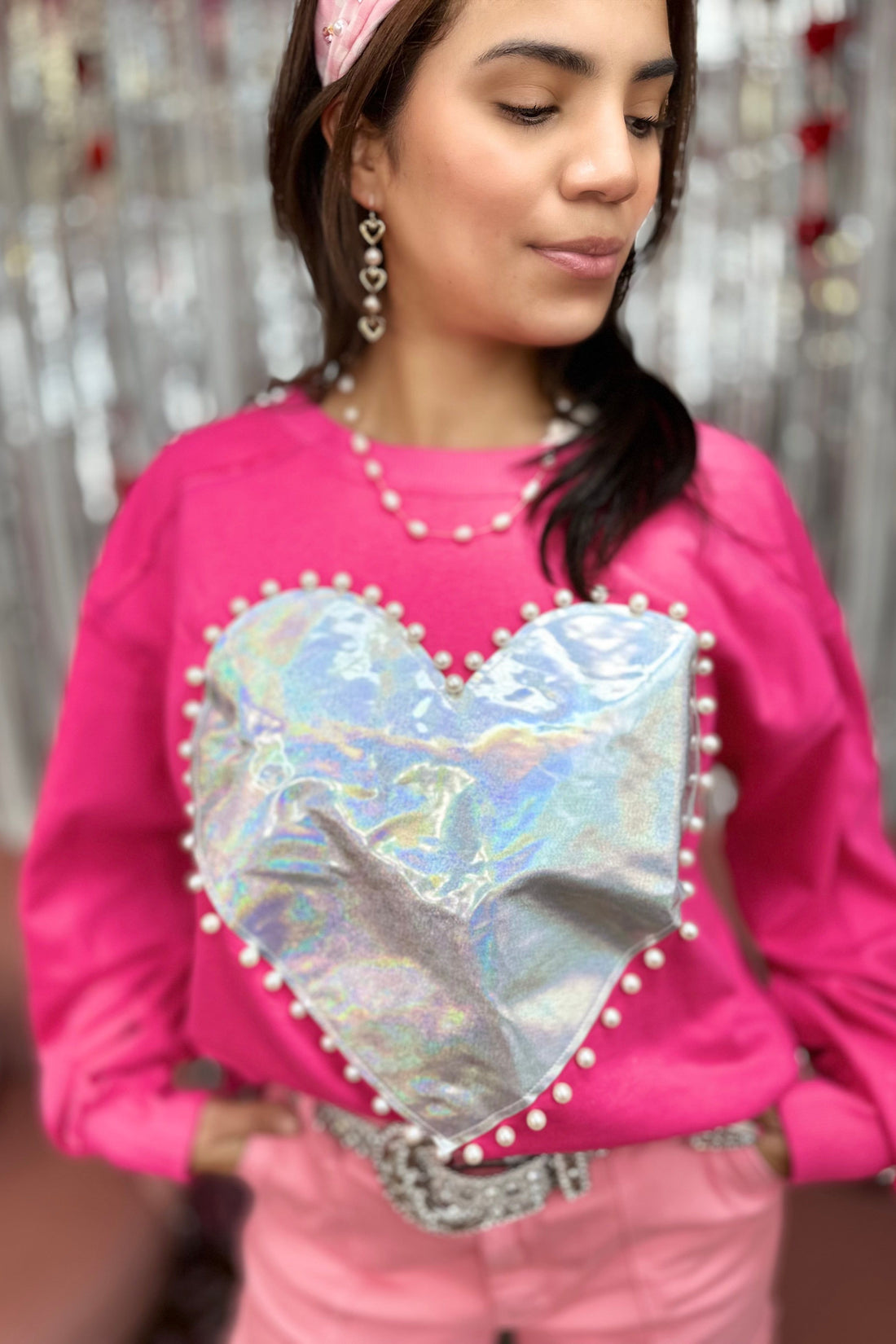 Pearl Edged Metallic Heart Pullover