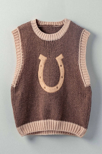 Western Horseshoe Crochet Knit Ribbed Trim Sweater Vest By Urban Daizy