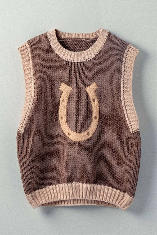 Western Horseshoe Crochet Knit Ribbed Trim Sweater Vest By Urban Daizy