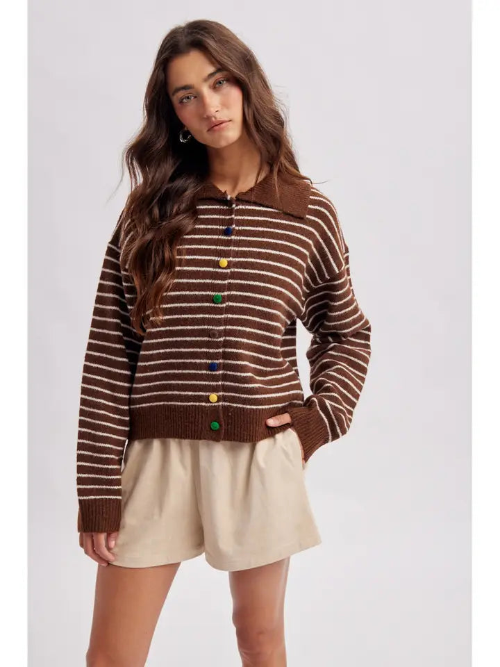 Buttoned Brown Striped Cardigan By Wishlist Apparel