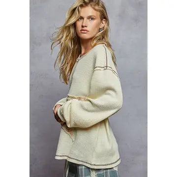 Long Sleeve Round Neck Star Patch Thermal Knit Top By Pol